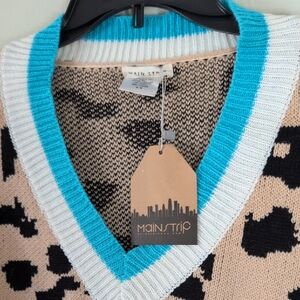 Main Strip V-Neck Sweater with Leopard Pattern - Blue, Black, Tan